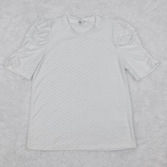DR2 Womens Blouse White Knit Dot Crew Neck Puff Short Sleeve Pullover‎ XS New - Picture 1 of 8